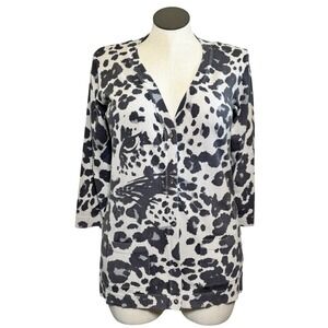 Kris Jenner‎ Kollection Leopard Print V-Neck Cardigan XL Gray White 3/4 Sleeve